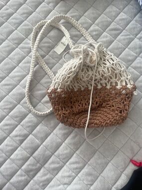 aerie Two-Tone Crochet Drawstring Tote in Cream & Brown